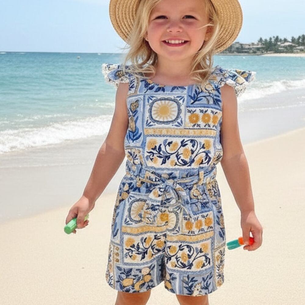 Tommy Bahama Girls Romper Tile Print Floral Bird Lemon Blue Yellow Shorts